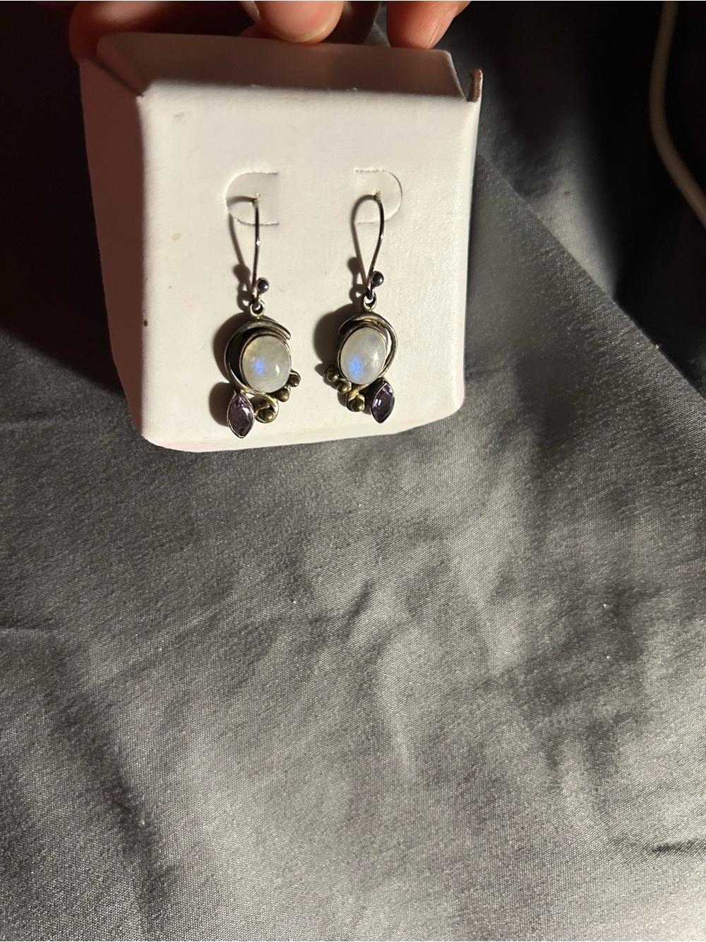 Sterling Silver Moonstone and Amethyst Drop Earrings - White/Blue Opalescent